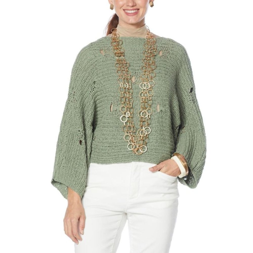 WynneLayers Open Stitch Distressed Look Sweater Knit Popover in Basil